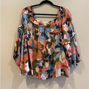 Zac & Rachel Floral Multi Color Square Neck‎ Top Ruffle Sleeve Size Large